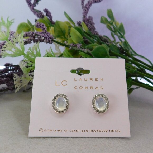 LC Lauren Conrad stud earrings, Clear oval stone surrounded by rhinestones - Picture 2 of 6